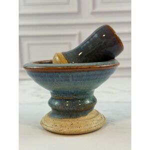Handmade Ceramic Studio Pottery Blue Drip Glaze Mortar and Pestle